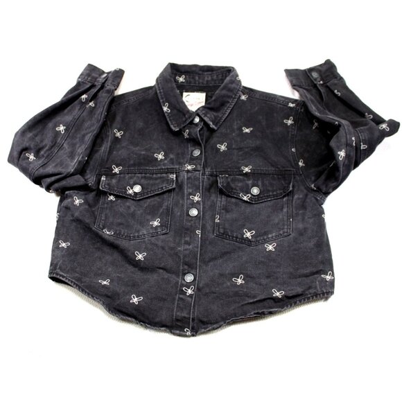 Stoosh Vintage Denim Black Button-Up Shirt With Embroidered Butterflies - Picture 1 of 8